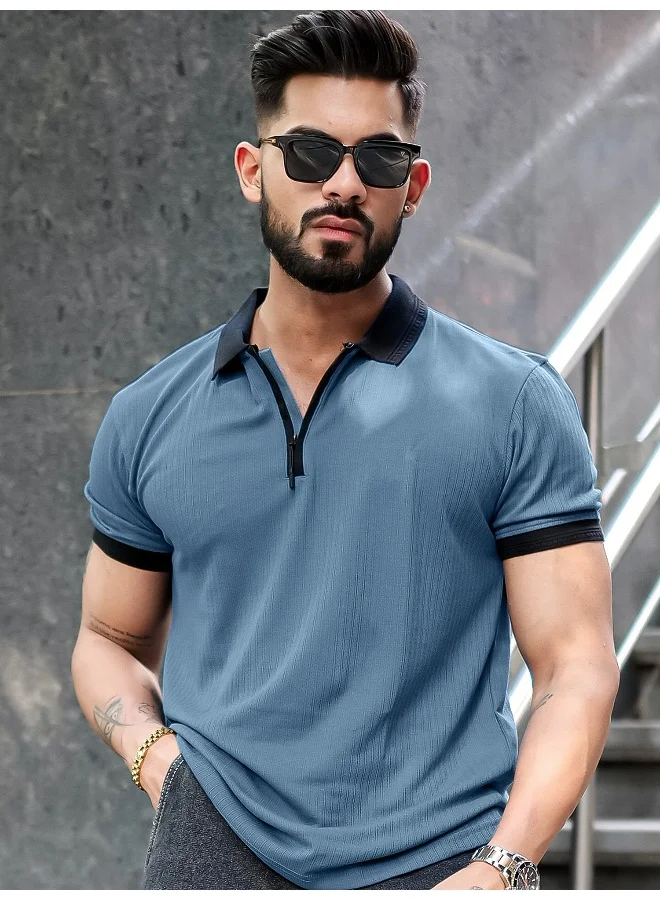 مانياك تيشيرت بولو رجالي قطن بقصة ضيقة بسحاب نصفي وأكمام نصفية - أزرق دينيم وأسود