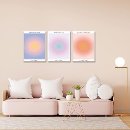 KISSFOX 3 Piece Canvas Wall Art Pink Orange Blue Wall Decor Aura Framed Art What You Think Feel Imagine Pictures Trendy Aesthetic Preppy Paintings For Apartment Dorm Women Girls Bedroom - Image 3