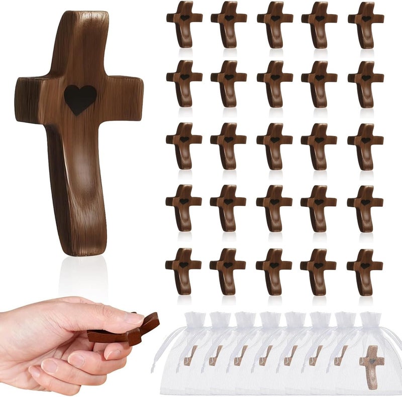 Brevynx Handmade 25Pcs Pocket Wooden Cross Fidget in bulk with Organza Bags - Stress Relief Cross My Heart for Christian, Religious Easter Day Gifts - Image 1