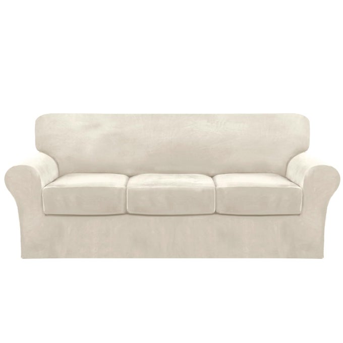 4 PIECE SOFA VELVET COUCH COVERS FOR 3 CUSHION STRETCH SLIPCOVER WITH INDIVIDUAL SEAT CUSHION ELASTIC FURNITURE PROTECTOR FOR PETS MACHINE WASHABLE SOFA IVORY