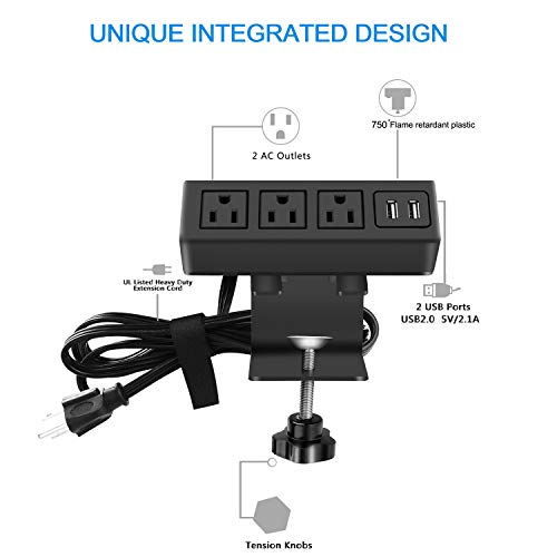 CCCEI 3 Outlet Desk Clamp Power Strip with USB Ports, Desktop Power Strip Surge Protector 1200J. Table Mount Charging Power Station, on Edge Power Outlet 125V 12A 1500W. - Image 4