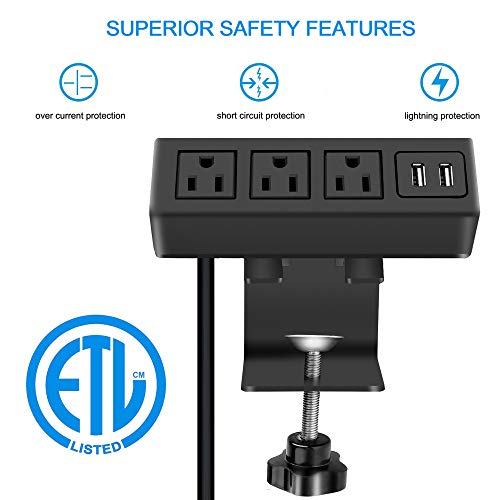 CCCEI 3 Outlet Desk Clamp Power Strip with USB Ports, Desktop Power Strip Surge Protector 1200J. Table Mount Charging Power Station, on Edge Power Outlet 125V 12A 1500W. - Image 2
