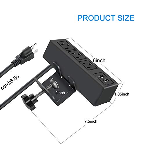 CCCEI 3 Outlet Desk Clamp Power Strip with USB Ports, Desktop Power Strip Surge Protector 1200J. Table Mount Charging Power Station, on Edge Power Outlet 125V 12A 1500W. - Image 3