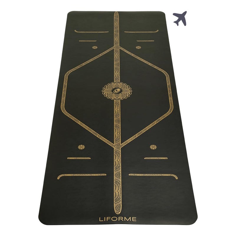 Liforme Travel Yoga mat Patented Alignment System WarriorLike Grip NonSlip EcoFriendly UltraLightweight and Sweat Resistant Made with Natural Rubber Black Gold - Image 2