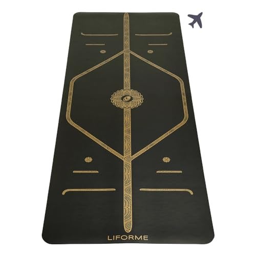 Liforme Travel Yoga mat Patented Alignment System WarriorLike Grip NonSlip EcoFriendly UltraLightweight and Sweat Resistant Made with Natural Rubber Black Gold - Image 1