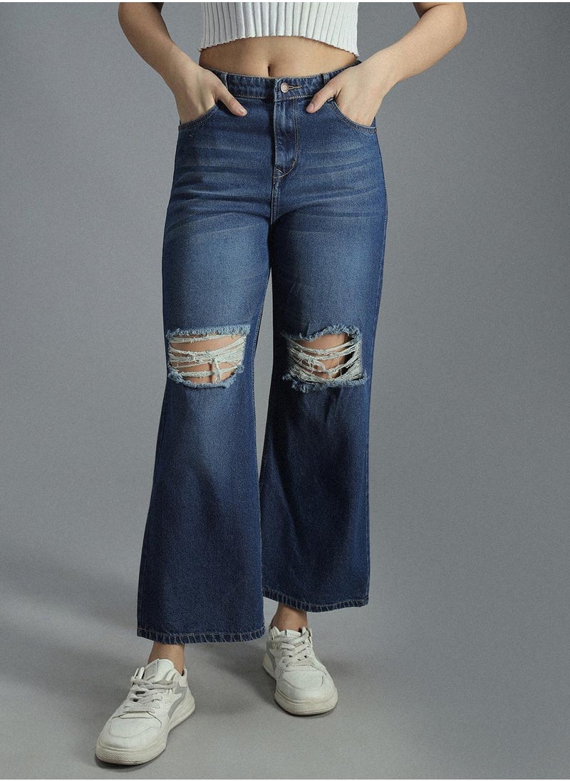 HIGH STAR Women's Indigo High-Rise Mildly Distressed Cotton Jeans  - Image 1
