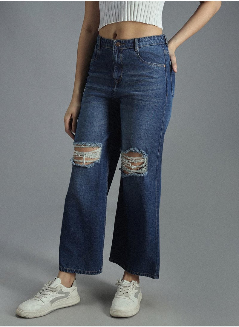 HIGH STAR Women's Indigo High-Rise Mildly Distressed Cotton Jeans  - Image 2