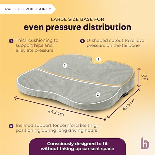 betterhood PosturePro Premium Car Seat Cushion for Driving Seat | Car Cushion Pillow for Tailbone Pain Relief | Orthopedic Memory Foam, Cotton Cover | Ergonomic Design for Long Drive Comfort (Grey) - Image 5