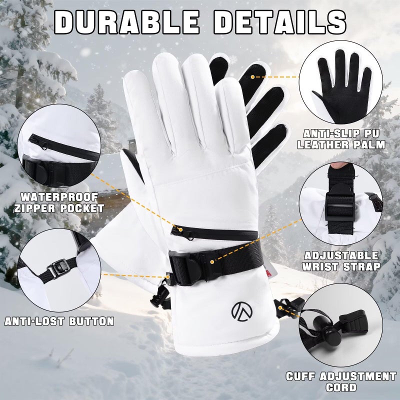 INPAKO Snow Gloves, Waterproof Warm Ski Gloves Thermal for Winter, Fit Both Men & Women, Gift for Parent Child White M - Image 5