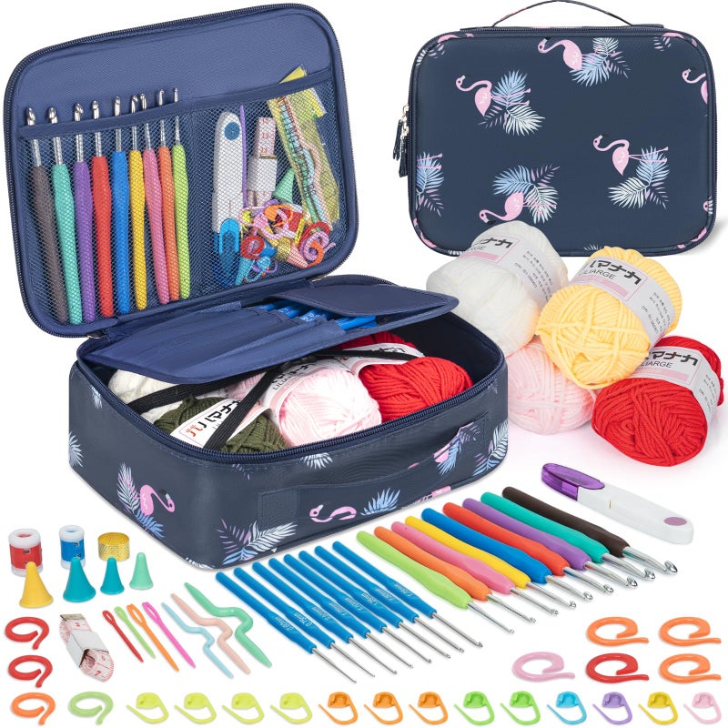 GMAK 59 PCS Crochet Kit for Beginners Adults Kids, Crocheting Sets Include Yarn, Hooks and Tools, Portable Crochet Starter Kit for Making Variety Projects Crocheting Supplies, Navy Flamingo - Image 1