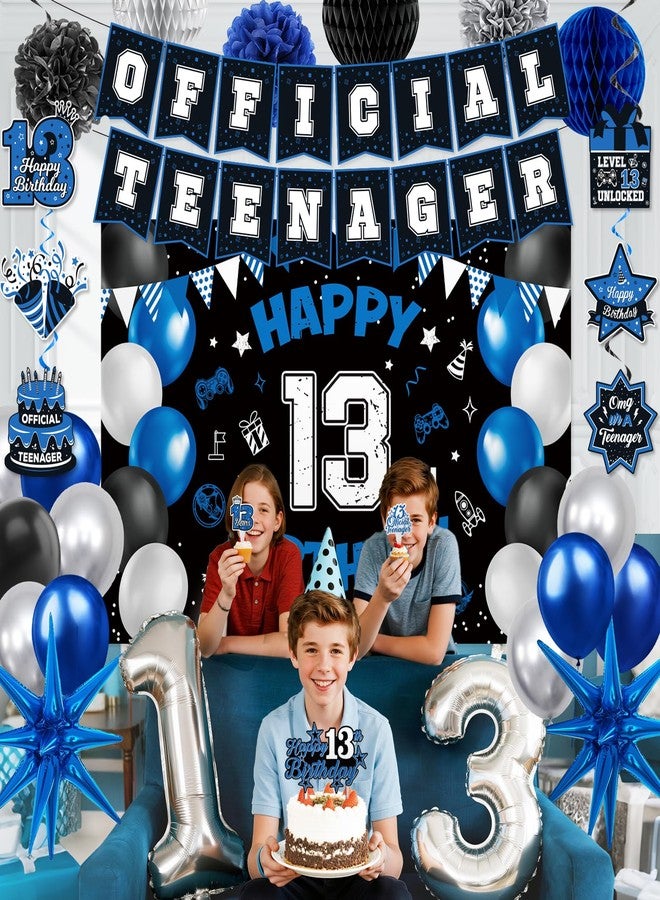 REDWORD 13th Birthday Decorations for Boys, 45Pcs Blue Black Official Teenager Decorations Include Happy 13th Birthday Backdrop Hanging Swirls 32inch 13 Foil Balloons Cake Toppers for Boy Birthdays Decor - Image 4