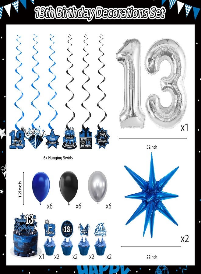 REDWORD 13th Birthday Decorations for Boys, 45Pcs Blue Black Official Teenager Decorations Include Happy 13th Birthday Backdrop Hanging Swirls 32inch 13 Foil Balloons Cake Toppers for Boy Birthdays Decor - Image 3