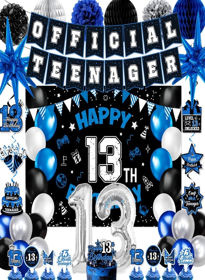 REDWORD 13th Birthday Decorations for Boys, 45Pcs Blue Black Official Teenager Decorations Include Happy 13th Birthday Backdrop Hanging Swirls 32inch 13 Foil Balloons Cake Toppers for Boy Birthdays Decor - Image 1