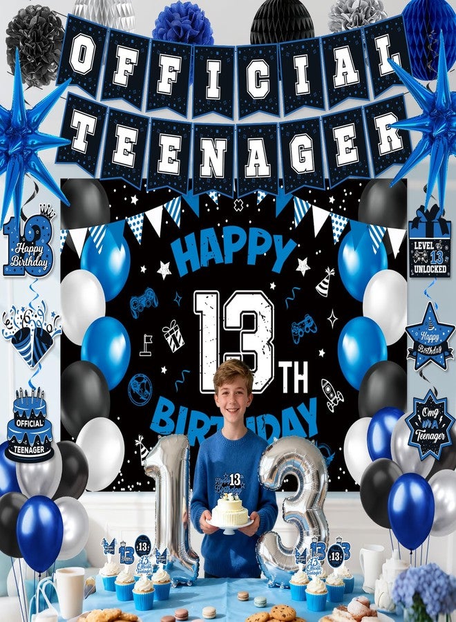 REDWORD 13th Birthday Decorations for Boys, 45Pcs Blue Black Official Teenager Decorations Include Happy 13th Birthday Backdrop Hanging Swirls 32inch 13 Foil Balloons Cake Toppers for Boy Birthdays Decor - Image 5