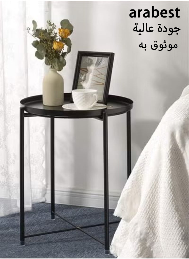 عربست - طاولة جانبية صغيرة سوداء، طاولة قهوة مستديرة مع إطار قابل للطي وصينية، طاولة حديدية للوجبات الخفيفة - Image 1