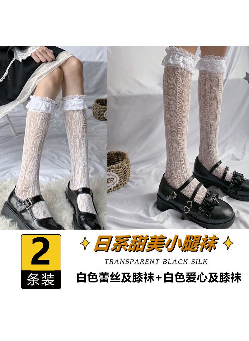 Generic - White Lace lolita Cub Socks Womens Mid-Length Socks jk Long Lace Japanese Style Pantyhose Half-Leg lolita White lace + White Love (calf socks) White lace + White Love (calf socks) - Image 1