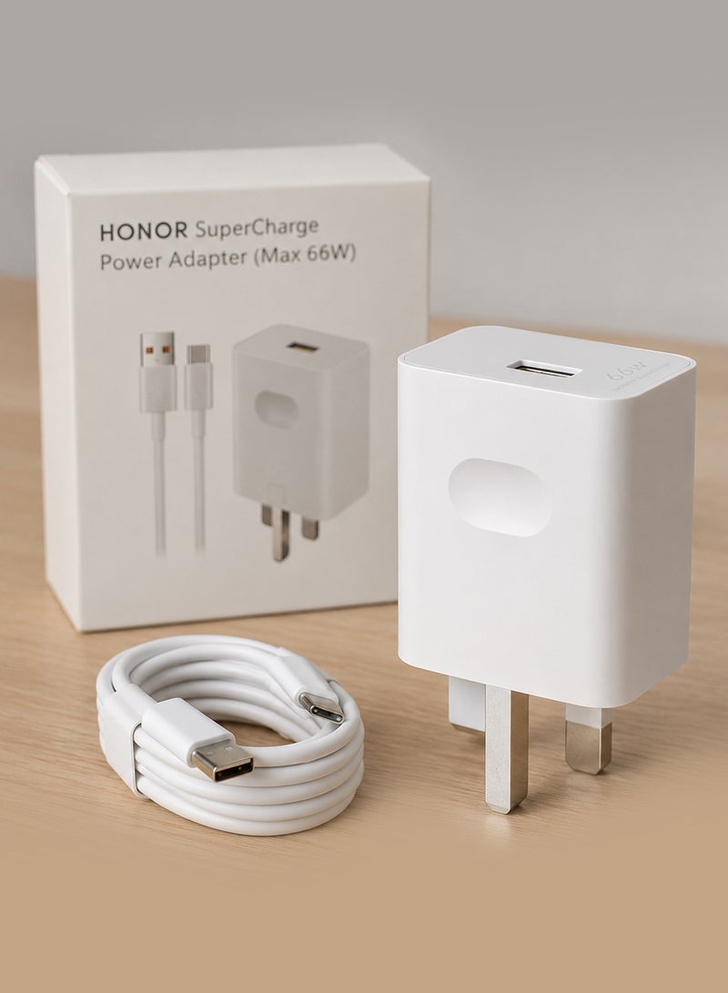 Honor SuperCharge 66W Power Adapter Wall Charger with 6A USB to Type-C Cable - Fast Charging Travel Adapter Combo Kit for Honor Smartphones (UK 3-Pin Plug) White - Image 2