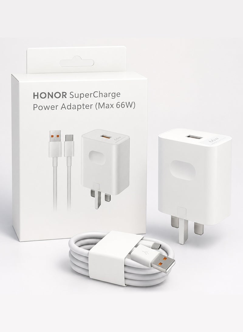 Honor SuperCharge 66W Power Adapter Wall Charger with 6A USB to Type-C Cable - Fast Charging Travel Adapter Combo Kit for Honor Smartphones (UK 3-Pin Plug) White - Image 1