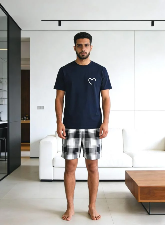 Take Two Men Printed Round Neck T-Shirt and Checked Shorts Set