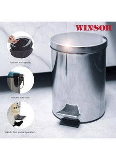 Winsor Winsor Stainless Steel Pedal Dustbin with Removable Inner Bucket - Trash Can Round Shape Dustbin for Bathroom, Home, Kitchen, washrooms, Room and Office 12 ltr  - Image 3