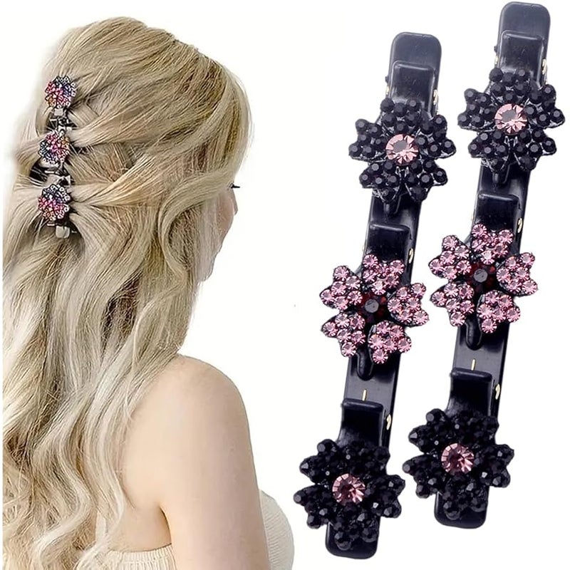 2 PCS Sparkling Crystal Stone Braided Hair Clips for Girls & Women, Thick & Curly Hair, Small Braid Clips for Home Use (pink) - Image 1