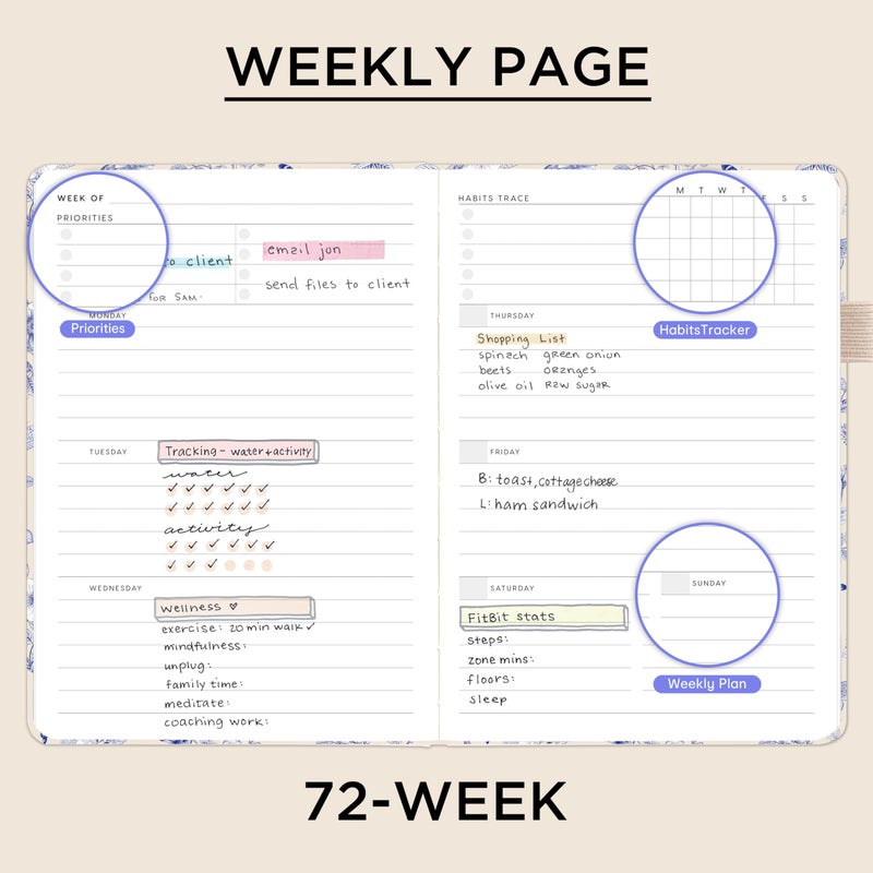 &And Per Se ⩓ Per Se Undated Planner â€“ A5 Weekly & Monthly Goal Planner for 72 Weeks (1.5 Years) â€“ Hardcover with Monthly Tab Stickers, Back Pocket & Habit Tracking (Blue Flowers) - Image 3