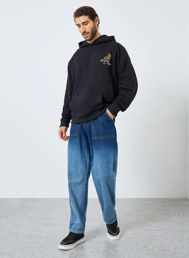 Styli Oversize heavy Fleece hoodie with Horse Print and Emb at front and back with Kangaroo pocket