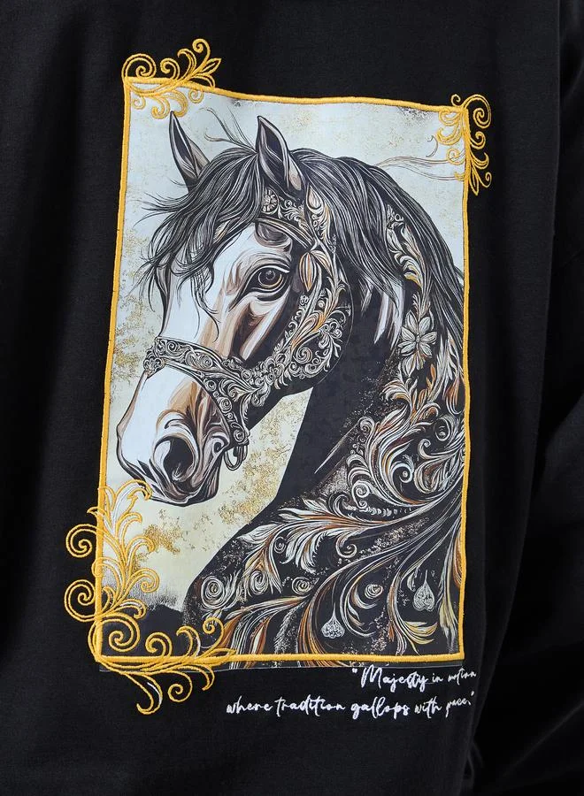 Styli Oversize heavy Fleece hoodie with Horse Print and Emb at front and back with Kangaroo pocket