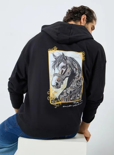 Styli Oversize heavy Fleece hoodie with Horse Print and Emb at front and back with Kangaroo pocket