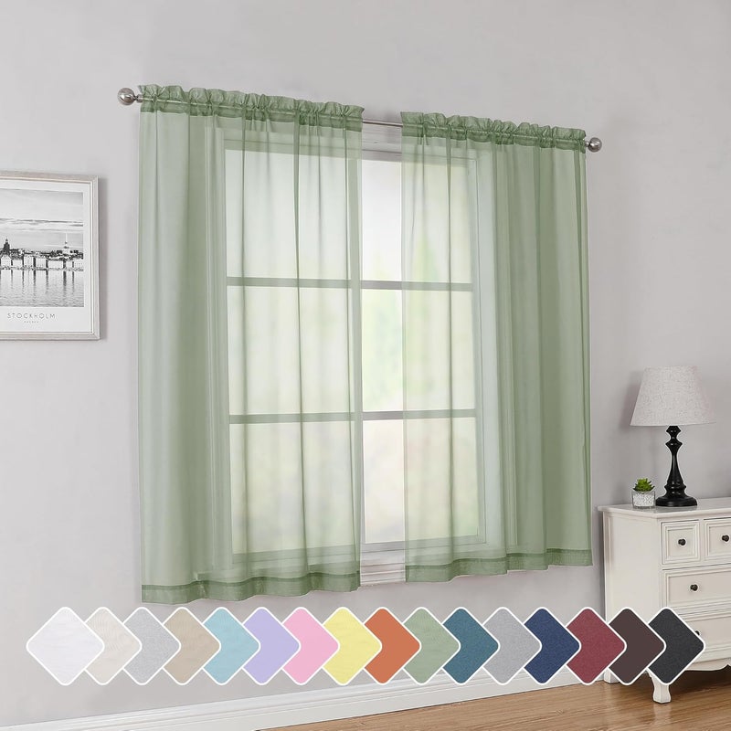 SimpleBrand Rod Pocket Top Solid Voile Sheer Curtains for Bedroom, 54 Inch Length Drapes Set of 2, Lightweight and Light Filtering Elegant Sage Curtains Panels Window Treatment, 42W×54L, Sage - Image 1