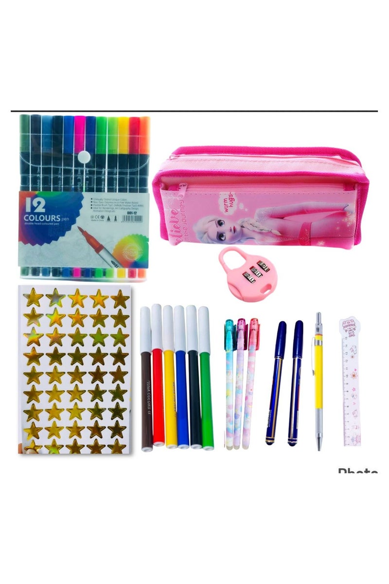 8-piece school supplies set (cartoon lock pencil case + 12 dual-ended brush pens + 2 ballpoint pens + 3 cartoon gel pens + 6 felt-tip pens + 1 cartoon ruler + laser star sticker) - Image 1