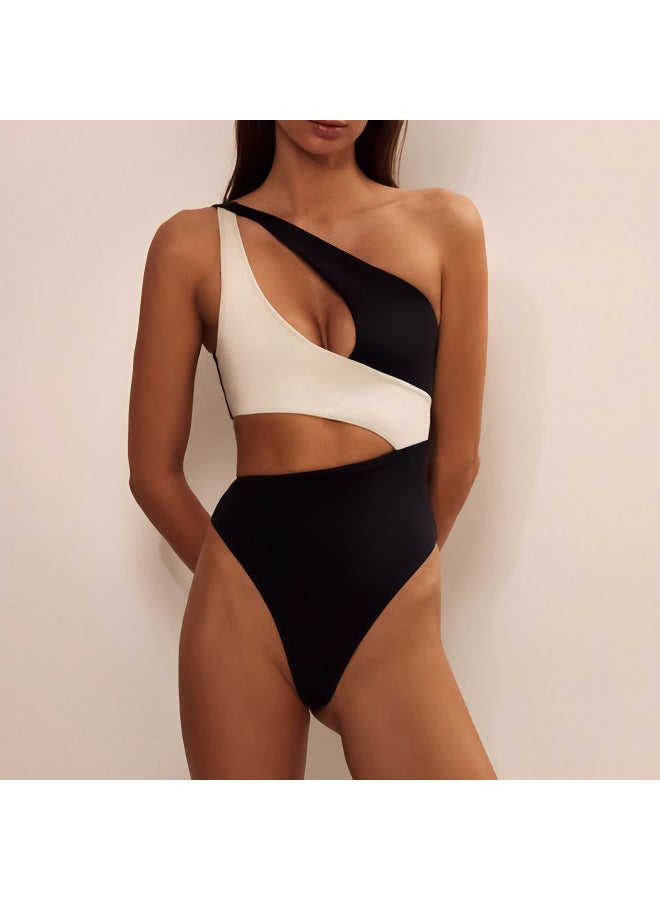 Customized Export One-piece Swimsuit European And American Black And White Sching Contrasting Color Cut Out Swimsuit European And American Female Bikini