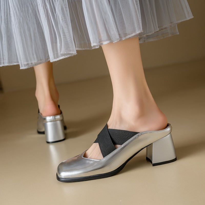 2024 Fashion High Heeled Square Head Sandals 32-46 Solid Color Set Feet Rear Empty Sandals For Women - Image 2