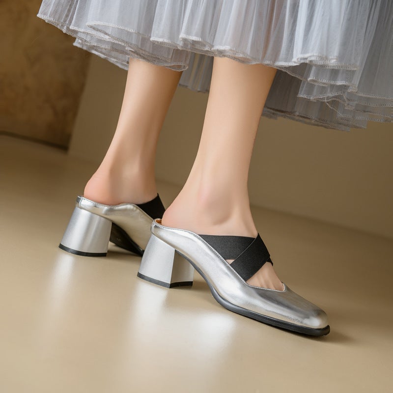 2024 Fashion High Heeled Square Head Sandals 32-46 Solid Color Set Feet Rear Empty Sandals For Women - Image 3