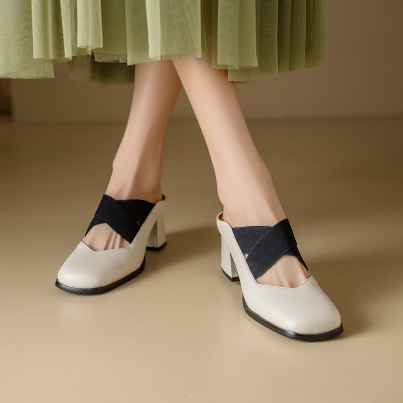 2024 Fashion High Heeled Square Head Sandals 32-46 Solid Color Set Feet Rear Empty Sandals For Women - Image 4