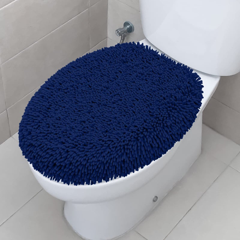 TREETONE Shaggy Chenille Bathroom Toilet Lid Cover Ultra Soft Plush Seat Covers Fluffy Absorbent 19x21 Inches Standard Toilet Lids for Bathroom Machine Wash Dry Navy Blue
