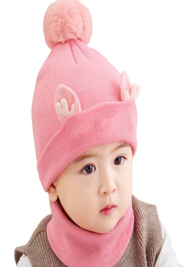 طقم قبعة ووشاح شتوي محبوك للأطفال من ريتشمن كيدز، مصنوع من الصوف الناعم والأكريليك، مع كرة بوم بوم، وغطاء للرقبة (وردي، من 6 أشهر إلى 3 سنوات) - Image 1