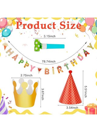 25 Pcs Party Set, 1 Colorful Banner, 3 Glasses, 10 Whistles, 11 Cone Hats for Festive Decor for Boys Girls Photo Props Class Celebrations (Classic Style) - view 2