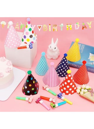 25 Pcs Party Set, 1 Colorful Banner, 3 Glasses, 10 Whistles, 11 Cone Hats for Festive Decor for Boys Girls Photo Props Class Celebrations (Classic Style) - view 4