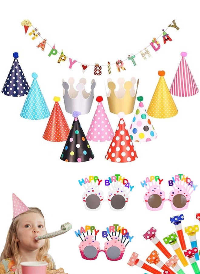 Lemon 25 Pcs Party Set, 1 Colorful Banner, 3 Glasses, 10 Whistles, 11 Cone Hats for Festive Decor for Boys Girls Photo Props Class Celebrations (Classic Style) - Image 1