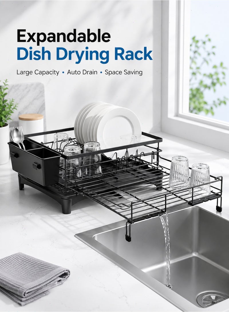 Extendable Dish Drying Rack, Space-Saving Kitchen Dish Drainer with Plate Holder, Cup Area and Removable Cutlery Holder for Sink and Countertop - Image 1