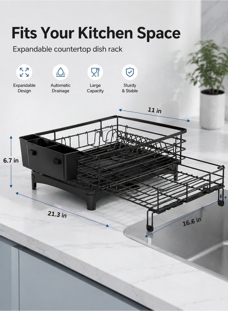 Extendable Dish Drying Rack, Space-Saving Kitchen Dish Drainer with Plate Holder, Cup Area and Removable Cutlery Holder for Sink and Countertop - Image 2