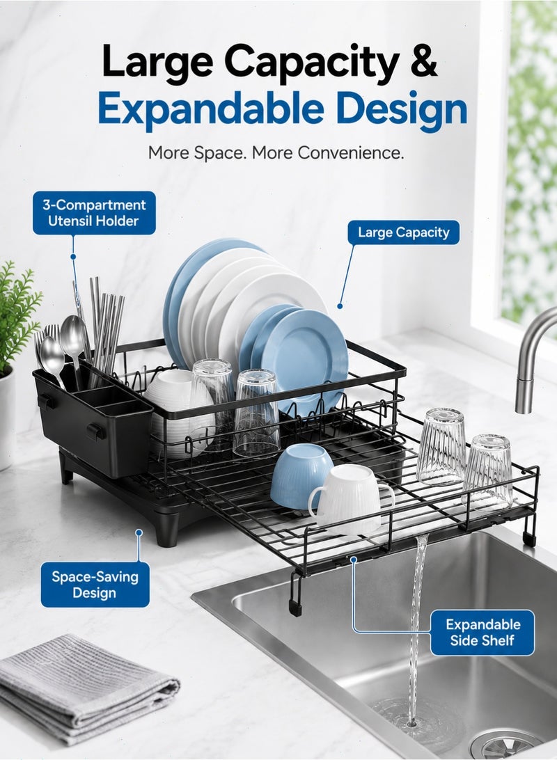 Extendable Dish Drying Rack, Space-Saving Kitchen Dish Drainer with Plate Holder, Cup Area and Removable Cutlery Holder for Sink and Countertop - Image 3