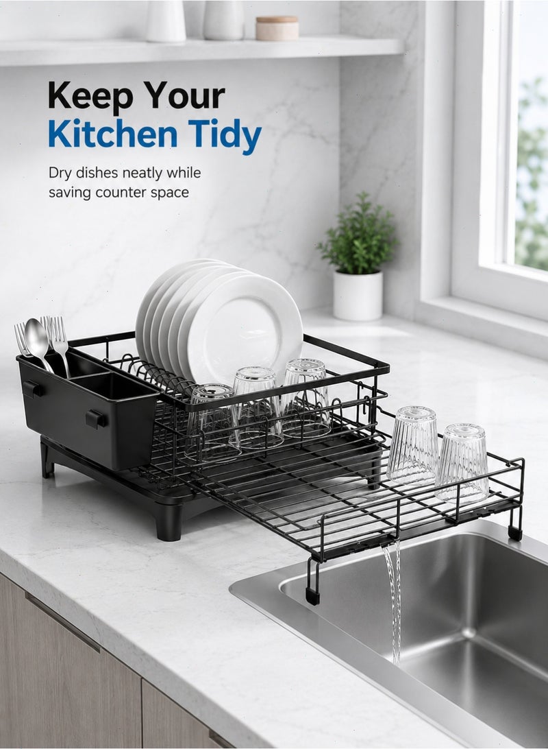 Extendable Dish Drying Rack, Space-Saving Kitchen Dish Drainer with Plate Holder, Cup Area and Removable Cutlery Holder for Sink and Countertop - Image 5