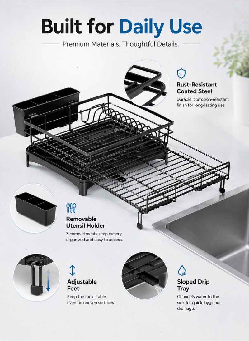 Extendable Dish Drying Rack, Space-Saving Kitchen Dish Drainer with Plate Holder, Cup Area and Removable Cutlery Holder for Sink and Countertop - Image 4