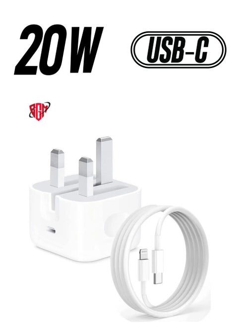 iPhone 20W Fast Charger | USB-C Wall Fast Charging Adapter with 1m USB-C to Lightning Cable | Compatible with iPhone 14, 14 Pro, 14 Pro Max, 13, 12, SE 2020, 11, XR, XS Max, X, iPad