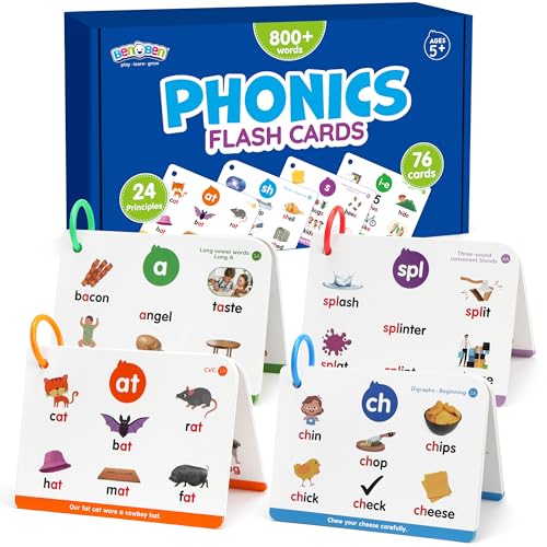 BenBen Phonics Flash Cards 76 Cards 24 Principles Learn to Read Phonics Games CVC Digraphs Blends Long Vowel Sounds Classroom Homeschool Educational Toys for Kids Ages 48 Kindergarten 1st 2nd Grade - Image 1