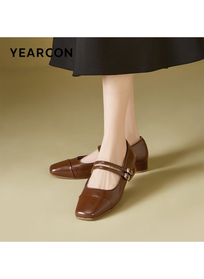 YEARCON Yierkang Women's Shoes French Style Chanel-inspired Single Shoes Shallow Mouth Retro Low-heeled Mary Jane Shoes 10562w Brown Size 38 - Image 2