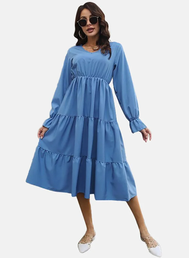 YUNIQEE Blue V-Neck Chiffon A-Line Dress