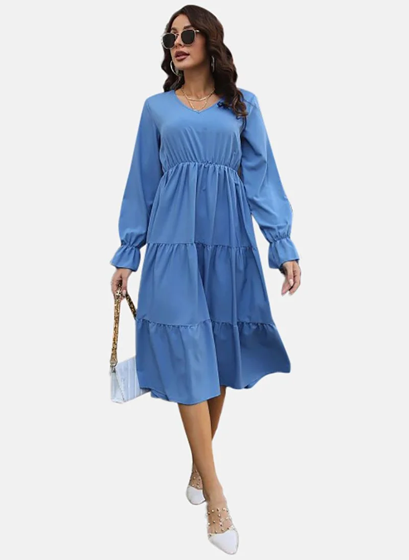 YUNIQEE Blue V-Neck Chiffon A-Line Dress